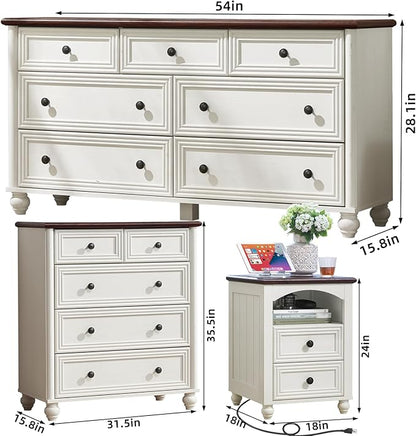 Farmhouse Dressers & Night Stand Set of 4, Wood 54" Wide Dresser & 35" Tall Chest of Drawers, 18" with Charging Station Nightstand Set of 2, Bedroom Furniture Dresser Set for Home Living Room Hallway