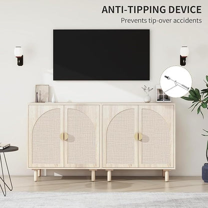 Beige Sideboard Cabinet with 2 Rattan Doors, Rattan Buffet Cabinet with Adjustable Shelves & Pine Legs, Boho Sideboard Buffet for Living Room, Kitchen, Entryway (Beige,2 PCS)
