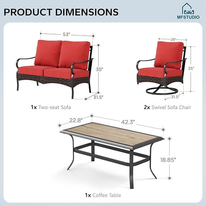 MFSTUDIO 4 Pieces Outdoor Patio Furniture Set, Metal Outdoor Conversation Set, Rattan Wicker Patio Sectional Sofa Set with 2 x Swivel Single Sofa, 2-Seat Sofa, 1 x Coffee Table, Red