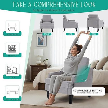 Modern Accent Chairs Set of 2 Upholstered Reading Chair for Bedroom with Side Pockets Comfy Living Room Chairs Living Room Armchair for Office, Apartment (Grey)