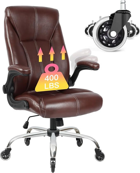Big and Tall Office Chair for Heavy People, Executive Desk Computer Chair Adjustable Flip-up Armrests, PU Leather Swivel Task Chair with Ergonomic High Back and Lumbar Support（Brown