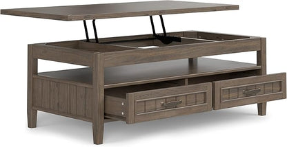 SIMPLIHOME Lev Lift Top Coffee Table - 48 inch Wide Solid Wood Rectangle Living Room Table in Smoky Brown, Transitional Cocktail Table for Family Room with Hidden Storage and Open Shelf