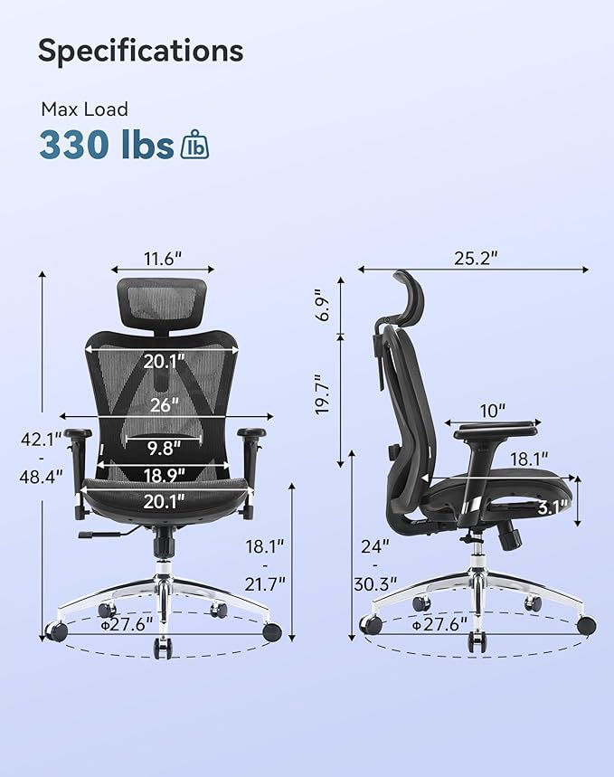SIHOO M57 Ergonomic Mesh Office Chair, High Back Home Desk Chair with 3D Armrests, Lumbar Support and Adjustable Headrest, Comfortable Computer Chair, Big & Tall Office Chair up to Hold 330 LBS-Black