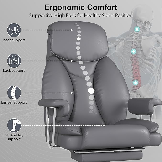 Big and Tall Office Chair, Executive Home Office Desk Chair, Comfy Leather High-Back Reclining Computer Chair with Retractable Footrest and Padded Arms, 360°Swivel Rolling Wheels, Wide Seat, Gray