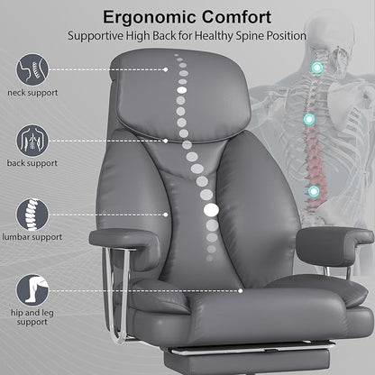 Big and Tall Office Chair, Executive Home Office Desk Chair, Comfy Leather High-Back Reclining Computer Chair with Retractable Footrest and Padded Arms, 360°Swivel Rolling Wheels, Wide Seat, Gray