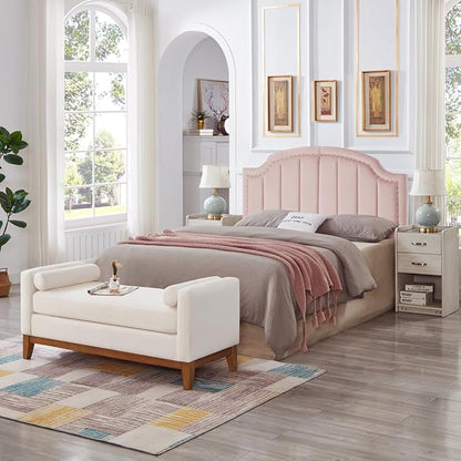 24KF Velvet Fabric Upholstered Queen/Full Headboard with Nail Trims,Modern Vertical Channel Design with Curved Headboard, 6052-Q-Pink