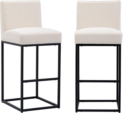 31" Height Cream Fabric Bar Stools Set of 2 Counter Height Stools with Back and Footrest for Kitchen Modern Metal Barstools, Linen Upholstered Farmhouse Bar Chairs Island Stools