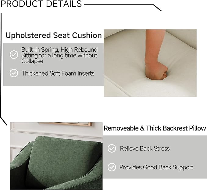 UIXE Swivel Accent Chairs Set of 2, Chenille Upholstered Arm Chair for Living Room, Modern Club Armchair Comfy Single Sofa Bedroom Reading Seat with Lumbar Pillow - Green