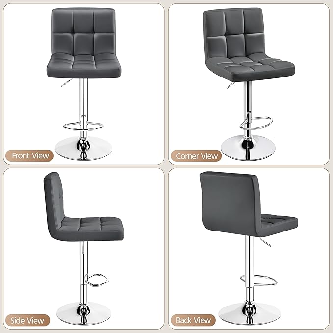 Yaheetech 2 Pack Bar Stools with Backrest, Adjustable Height 25"-36" Swivel Counter Stools, PU Leather Kitchen Barstools with Footrest for Kitchen Island, Dining Room, Gray