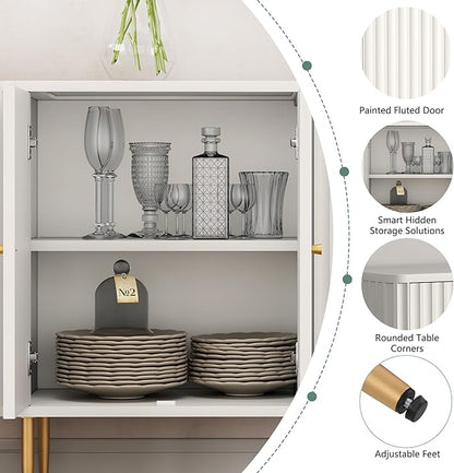HLR Sideboard Buffet Cabinet, 48" Modern Accent Cabinet with 4 Door and Removable Shelves, Credenza with Storage for Living Room, Dinning Room, Entryway, White