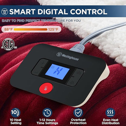 Westinghouse Electric Blanket Full, Heated Blanket Full Size with 10 Heating Levels and 1 to 12 Hours Heating Time Settings, Flannel to Sherpa Reversible, Machine Washable (80" x 84", Red)