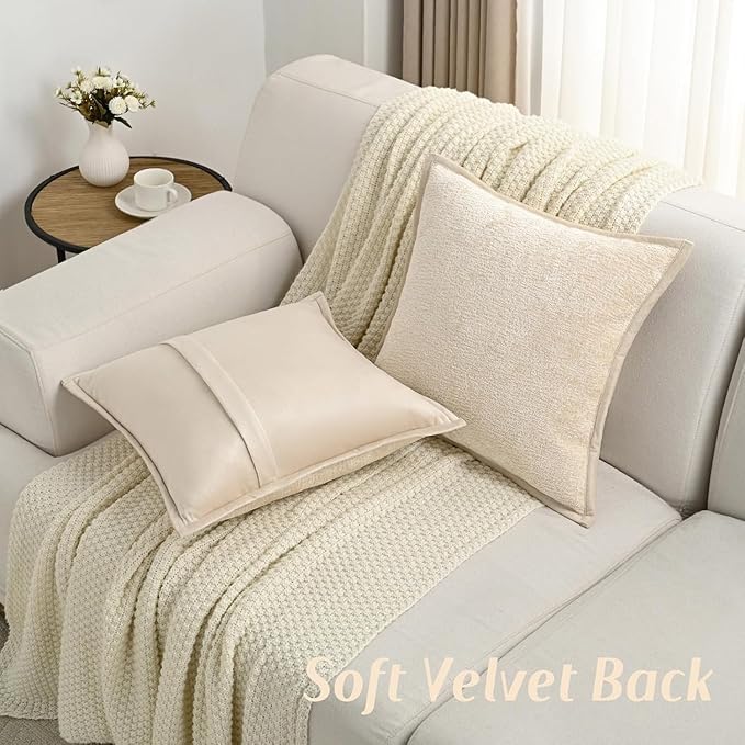 FUTEI Beige Chenille Throw Pillow Covers 22x22 Inch Set of 2,Soft Cozy Bound Edge Design Cushion Case,Home Decor for Couch Bed Living Room