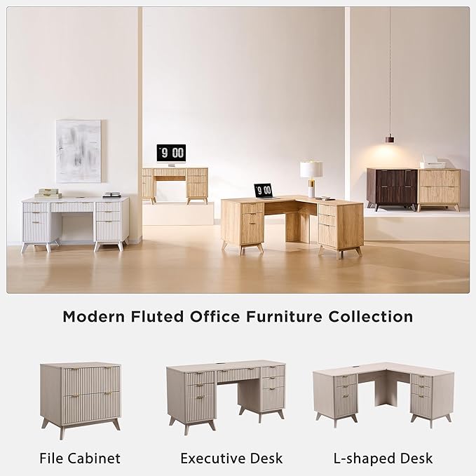 T4TREAM Modern Fluted Executive Desk with Drawers, 60" Home Office Computer Desk with Charging Station & Keyboard Tray, Alder White