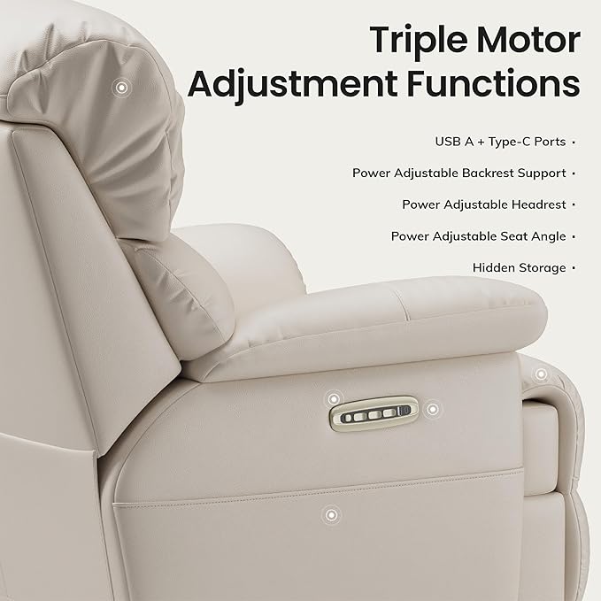 COLAMY Triple Motors Power Recliner Chair with Power Headrest & Lumbar Support Independent Adjustment for Living Room, Leather Electric Recliner Sofa Chair, Beige