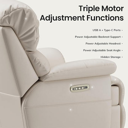 COLAMY Triple Motors Power Recliner Chair with Power Headrest & Lumbar Support Independent Adjustment for Living Room, Leather Electric Recliner Sofa Chair, Beige