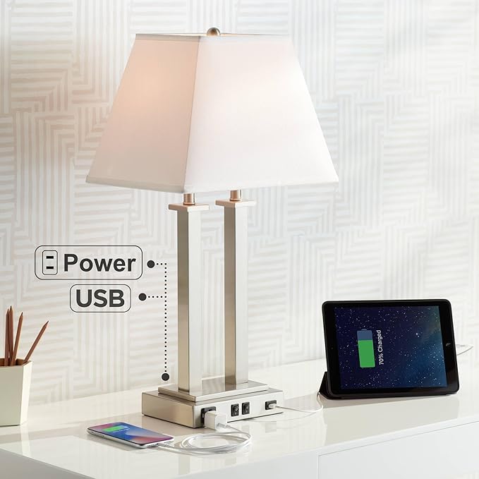 Possini Euro Design Amity Modern Table Lamp 26" High with USB and AC Power Outlet in Base Brushed Nickel White Linen Hardback Shade for Bedroom Living Room House Home Desk Bedside Nightstand Office