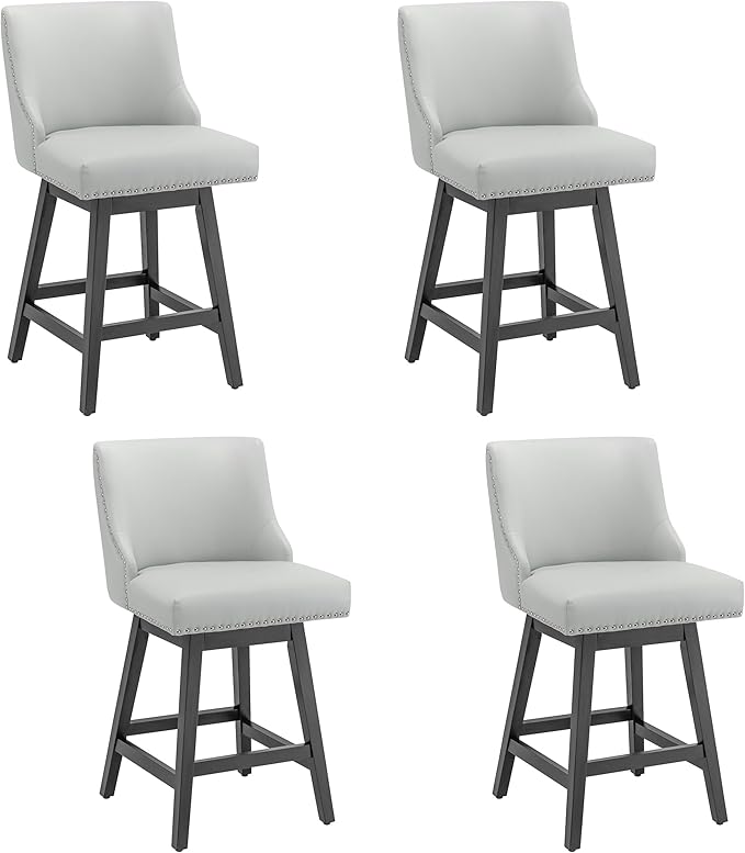 Bar Stools Set of 4, PU Leather Barstools, 26 Inch Upholstered Counter Stools with 13.8" High Back and Footrest, Swivel Counter Height Barstools for Kitchen Island Home Bar Light Gray