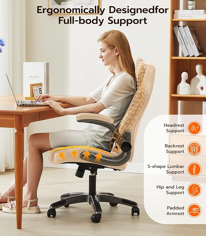 Office Desk Chair, Ergonomic Computer Chair with Padded Flip-Up Arms and Adjustable Lumbar Support, PU Leather Executive Chair with Tilt Lock and 360° Swivel Rolling Wheels for Work, Study