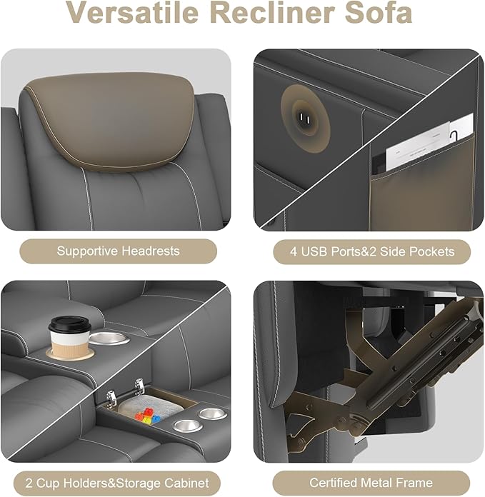 Recliner Sofa, 2 - Way Multi - Function Manual 3 Seater Couch with Cup Holders, Storage & USB Ports, Modern Multifunctional Sofa, Breathable Grey PU Leather Reclining Couch for Living Room