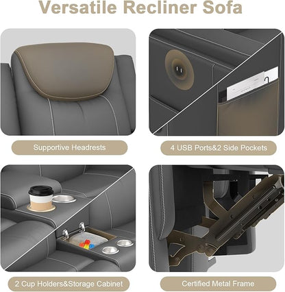 Recliner Sofa, 2 - Way Multi - Function Manual 3 Seater Couch with Cup Holders, Storage & USB Ports, Modern Multifunctional Sofa, Breathable Grey PU Leather Reclining Couch for Living Room