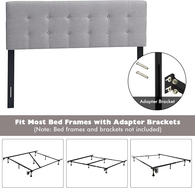 Giantex Linen Upholstered Headboard, Adjustable Width Button Tufted Headboard Only with Solid Wood Legs, Attach Frame, Rectangular Headboard for Queen Full Size Bed, Gray