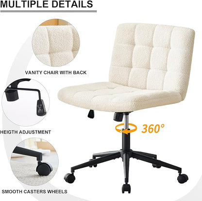 Furnimart Swivel Criss Cross Legged Chair with Wheels for Home Office, Wide Armless Desk Chair Height Adjustable Comfy Seat for Desk,Vanity, Bedroom, Faux Fur White