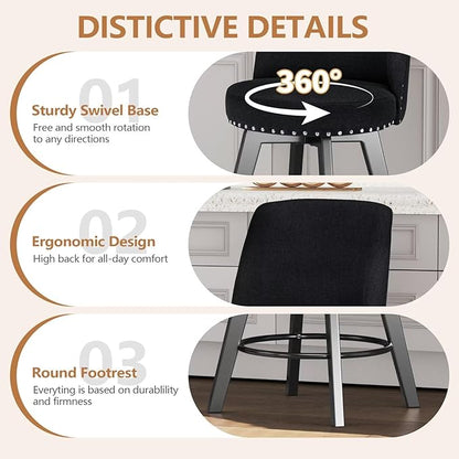 MINCETA Bar Stools Set of 2, 26 Inch Upholstered Barstools with High Back and Footrest, Swivel Counter Height Barstools for Kitchen Island Home Bar Black