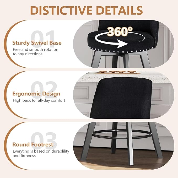 MINCETA Bar Stools Set of 4, 26 Inch Upholstered Barstools with High Back and Footrest, Swivel Counter Height Barstools for Kitchen Island Home Bar Black
