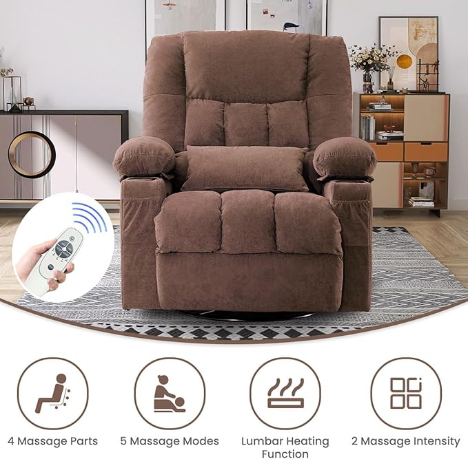 BOSMILLER Oversized Recliner Chair for Adults with Vibration Massage and Lumbar Heating Swivel Rocker Recliner with Cup Holder and USB Charge Port for Living Room