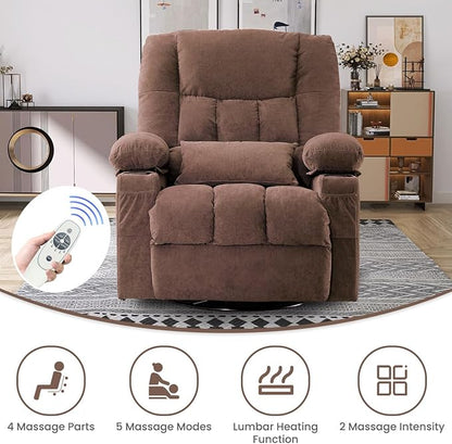 BOSMILLER Oversized Recliner Chair for Adults with Vibration Massage and Lumbar Heating Swivel Rocker Recliner with Cup Holder and USB Charge Port for Living Room