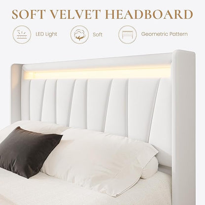 SHA CERLIN Full Size Bed Frame with Charging Station and LED Lights, Modern Velvet Platform Bed with Upholstered Geometric Wingback Headboard, No Box Spring Needed, Easy Assembly, White