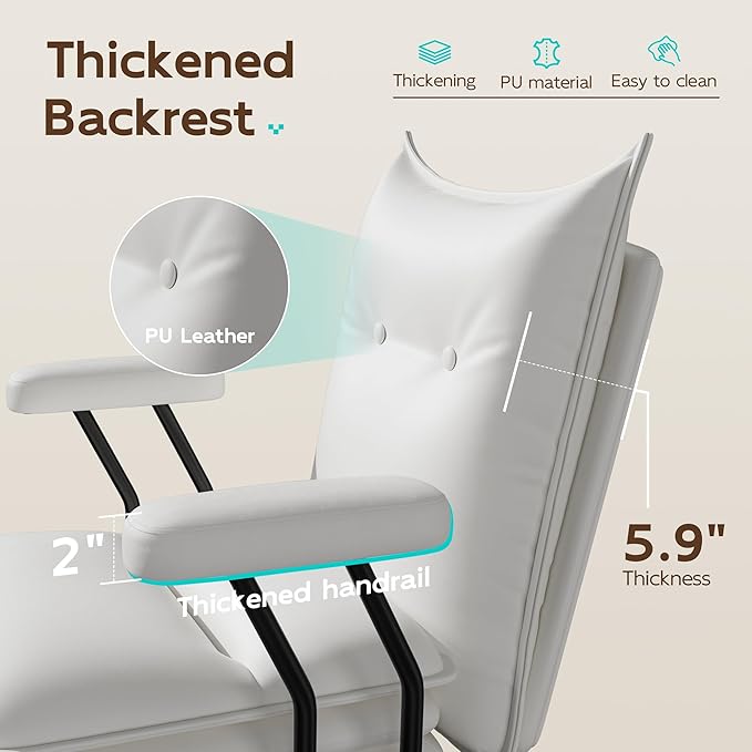 White Leather Office Chair with Wheels, Triple-Layers Thicken Wide Seat Height Adjustable, Mid Back, Comfy Desk Chair for Home, Office