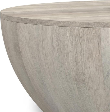 SIMPLIHOME Elmbrook Coffee Table - 34 inch Wide Solid Mango Wood Modern Industrial Round Drum Cocktail Table in White Wash, Sculptural Living Room Table with Low Profile Design, Assembled