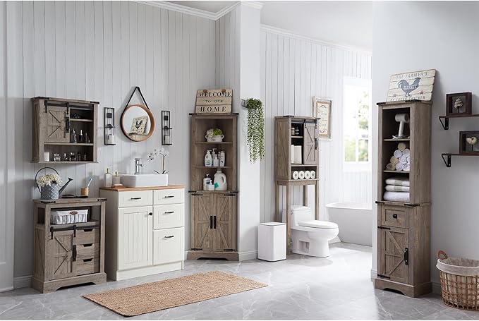 OKD Over The Toilet Storage Cabinet, Farmhouse Storage Cabinet Over Toilet with Sliding Barn Door & Adjustable Shelves, Home Space Saver for Bathroom, Living Room, Light Rustic Oak