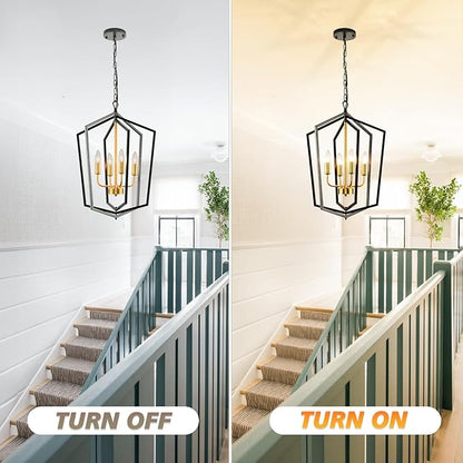 18.1" Chandeliers for Dining Room, 4-Light Farmhouse Foyer Lighting Fixtures, Modern Pendant Lights Kitchen Island, Black and Gold Lantern Pendant Light, for Bedroom, Entryway, Staircase