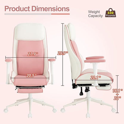 Ergonomic Home Office Chair with Footrest,Modern Faux Leather Reclining Chair,High Back Video Game Executive Computer Chairs with Adjustable Armrest & Lumbar Support,360°Swivel (Pink)