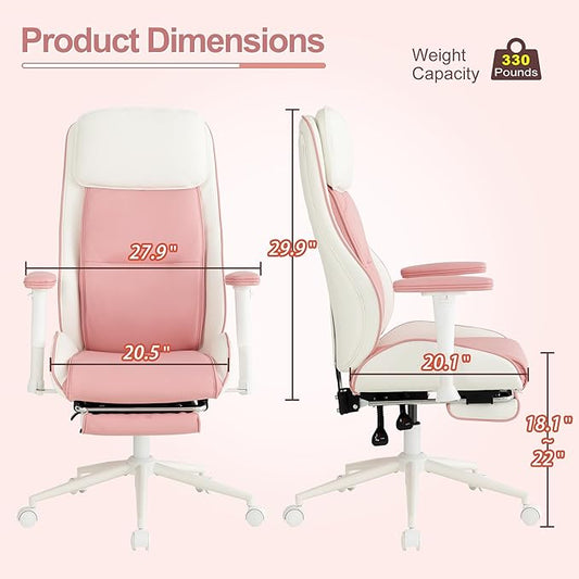 Ergonomic Home Office Chair with Footrest,Modern Faux Leather Reclining Chair,High Back Video Game Executive Computer Chairs with Adjustable Armrest & Lumbar Support,360°Swivel (Pink)