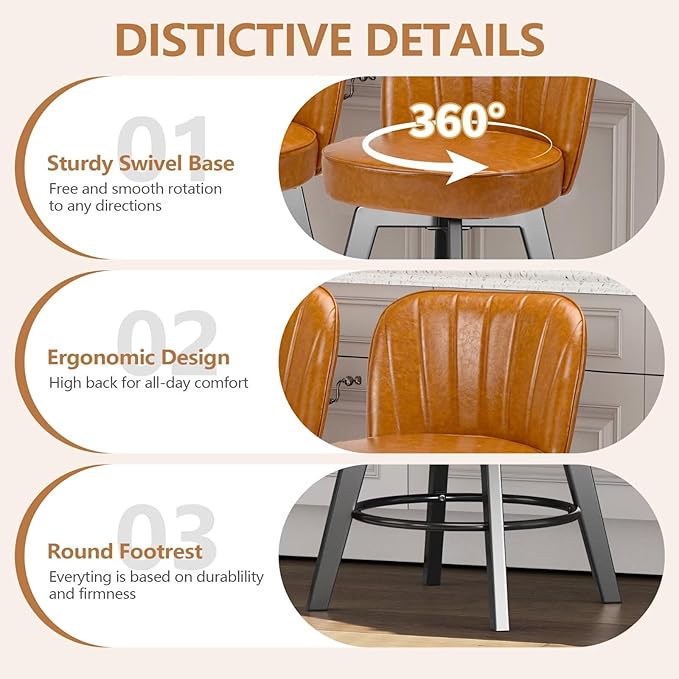MINCETA Bar Stools Set of 2, PU Leather Barstools, 26 Inch Upholstered Counter Stools with Backrest and Footrest, Swivel Counter Height Barstools for Kitchen Island Home Bar Light Brown