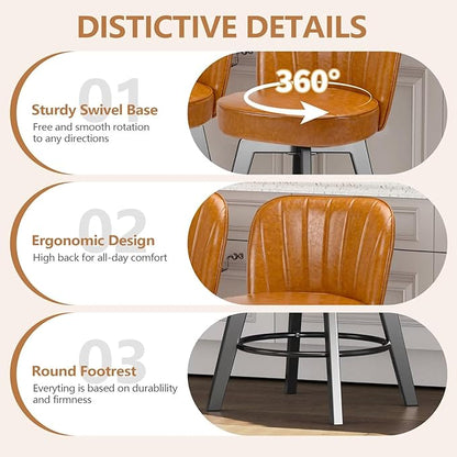 MINCETA Bar Stools Set of 2, PU Leather Barstools, 26 Inch Upholstered Counter Stools with Backrest and Footrest, Swivel Counter Height Barstools for Kitchen Island Home Bar Light Brown