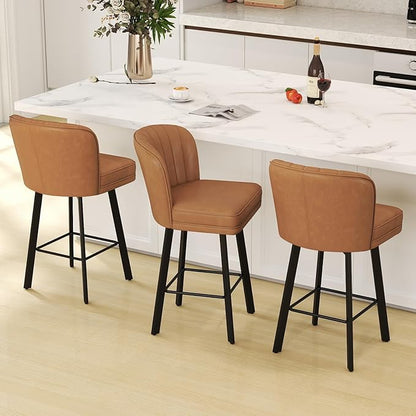 Swivel Counter Height Bar Stools Set of 4, 26'' Modern Barstools with Backs and Metal Legs, Upholstered Bar Chairs, Faux Leather Whiskey Brown Stools for Kitchen Island Chairs