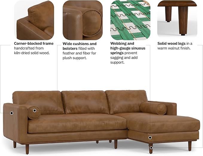 SIMPLIHOME Morrison Right Sectional Sofa in Full-Grain Genuine Leather, Caramel Brown, 102-inches Wide, L-Shaped Leather Couch with Right Chaise for the Living Room and Family Room