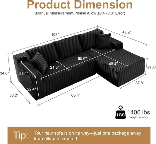 105''Sectional Cloud Couch with L Shaped Chaise,Modern Modular Sectional Sofa,Comfy Sectional Couches for Living Room,Bedroom,Apartment (Black, 105''W Right Facing Chaise)