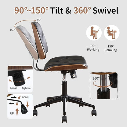 Small Home Office Chair – Armless Mid-Back Desk Chair with PU Leather, Adjustable Height, Swivel Wheels, Modern Walnut Legs for Small Spaces, Black