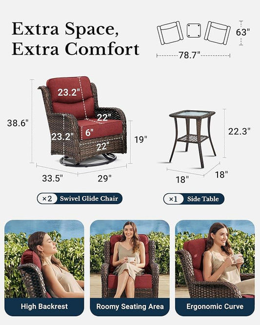 HILLGA Luxury Outdoor Swivel Rocker Patio Chairs of 2 with 6 Inch Thick Cushions and Side Table, Swivel Outdoor Chairs 3PCS High Back Wicker Patio Furniture Set for Porch, Balcony, Deck in Burgundy