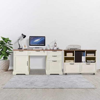 60" Farmhouse Executive Desk with 40" Mobile File Cabinet,L Shaped Desk Set with Charging Station,Office Desk with Storage Drawers,Wood Computer Desk Set for Office Work,Home Study