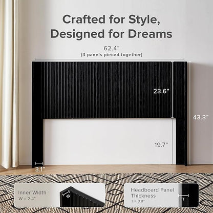 mopio Brooklyn 62.4" Headboard Only, Wood Headboard, Modern Farmhouse, Boho, Wall Mount, Fluted Panel, Wingback Design (Black Oak, Queen)