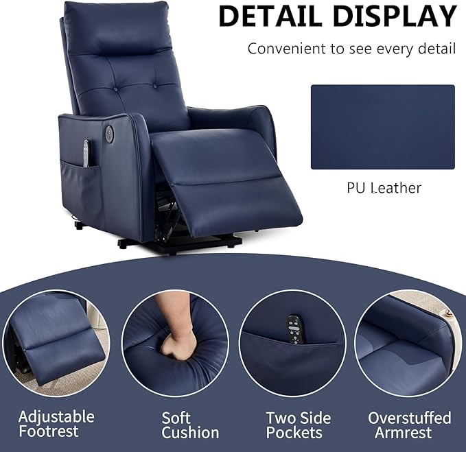 PELUMY Manual Lift Recliner Chair with Massage and Heat for Elderly, Single Motor Electric Lift Chair, Heavy Duty Recliner with USB Charging & Side Pockets (Breathable Leather, Dark Blue)