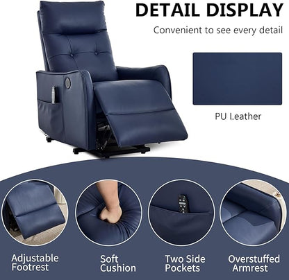 PELUMY Manual Lift Recliner Chair with Massage and Heat for Elderly, Single Motor Electric Lift Chair, Heavy Duty Recliner with USB Charging & Side Pockets (Breathable Leather, Dark Blue)