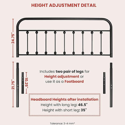Vintage Metal Headboards, Adjustable Height Iron Frame, Farmhouse Rustic Style, Elegant and Durable Design, Easy Assembly, Universal Fit for Kids & Adults, Queen Size, Black Finish