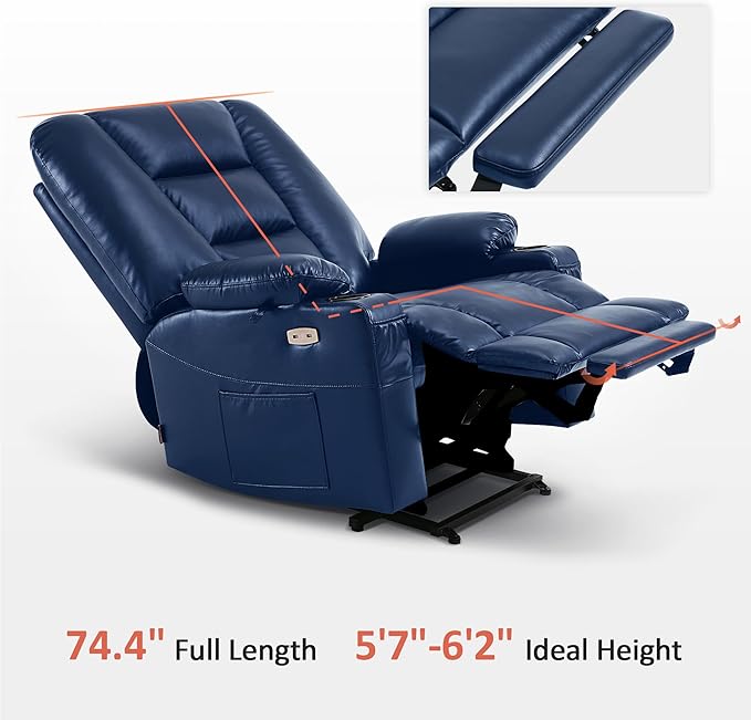 MCombo Oversized Power Lift Recliner Chair with Massage and Heat for Big and Tall Elderly People, Cup Holders, USB Ports, Side Pockets, Faux Leather R7541 (Navy Blue, Large-Oversize)